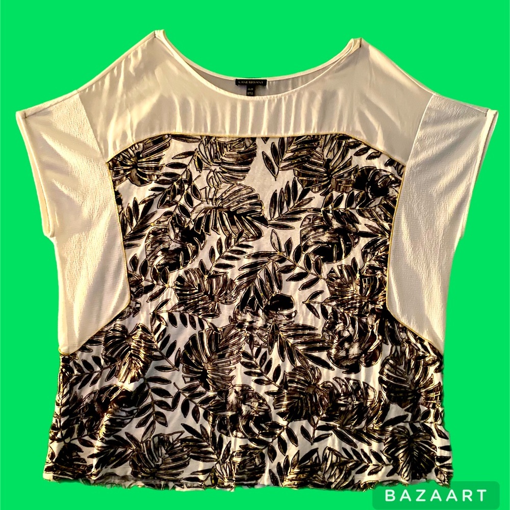 Lane Bryant white black and gold leaf print top